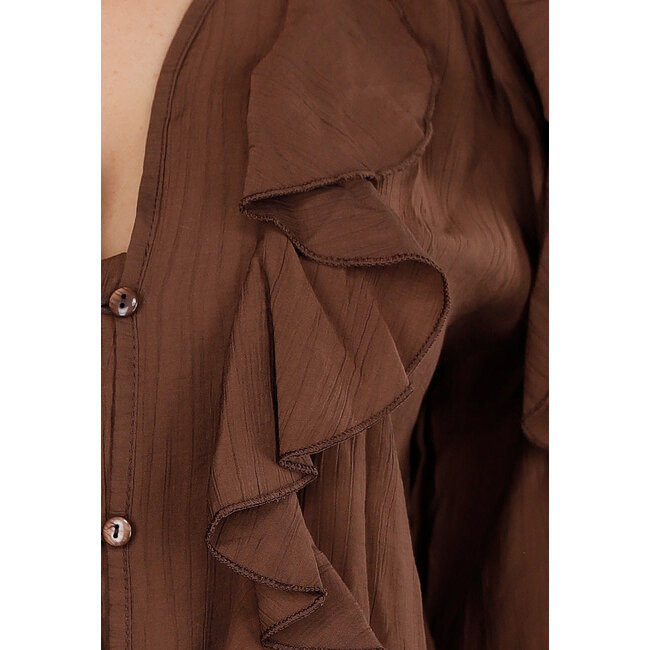 Braune Bluse mit Volants und lockeren Ballonärmeln