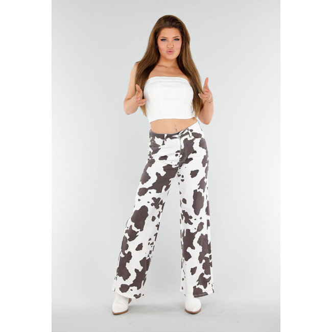Weiß-braune Jeans mit Kuh-Print, geradem Bein und hoher Taille