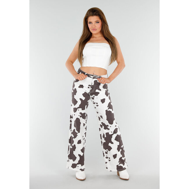 Weiß-braune Jeans mit Kuh-Print, geradem Bein und hoher Taille