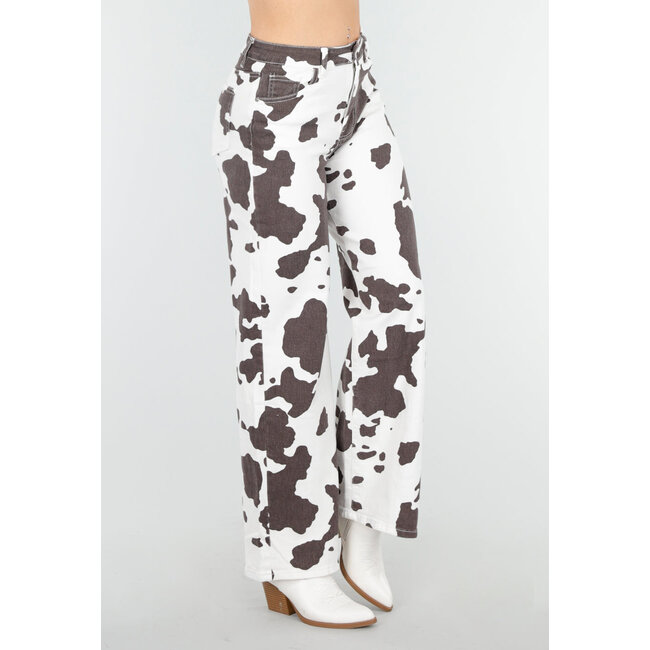 Weiß-braune Jeans mit Kuh-Print, geradem Bein und hoher Taille