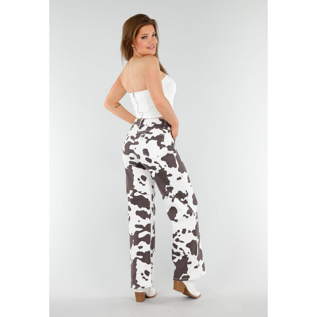 Weiß-braune Jeans mit Kuh-Print, geradem Bein und hoher Taille