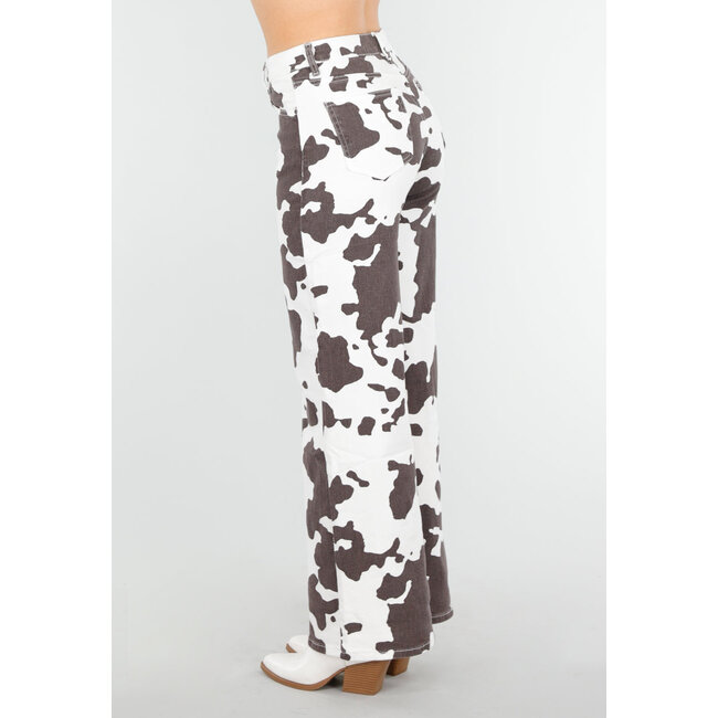Weiß-braune Jeans mit Kuh-Print, geradem Bein und hoher Taille