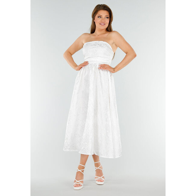 Weißes trägerloses Midikleid mit Jacquard-Look und Schnürung