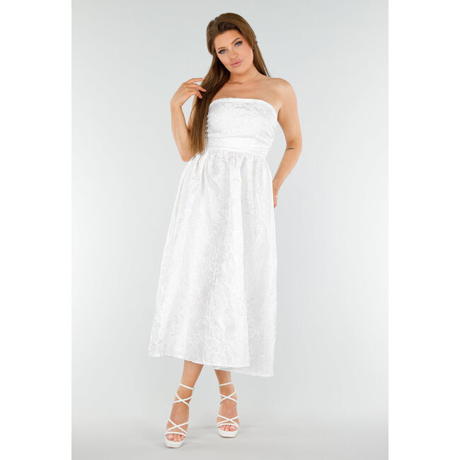 Weißes trägerloses Midikleid mit Jacquard-Look und Schnürung