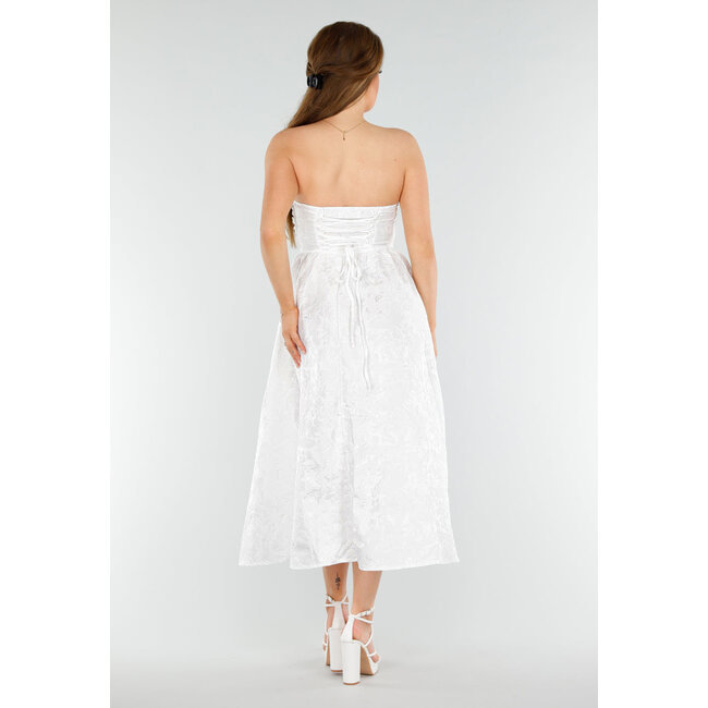 Weißes trägerloses Midikleid mit Jacquard-Look und Schnürung