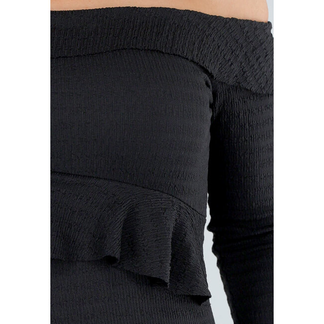 Schwarzes Off-Shoulder Kleid mit Volants und langen Ärmeln