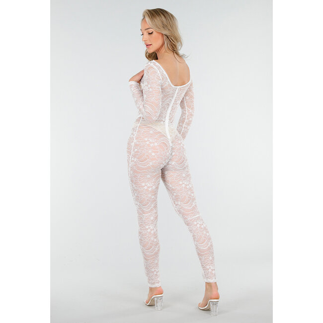 Weißer Spitzen-Catsuit Jumpsuit mit langen Ärmeln und transparenten Details