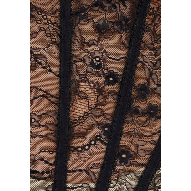 Eleganter schwarzer Spitzen-Catsuit mit langen Ärmeln und durchsichtigen Details