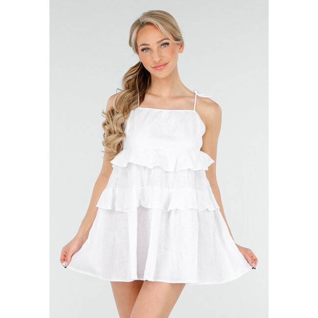 Weißes Volantkleid mit Spaghetti-Trägern und Leinenoptik