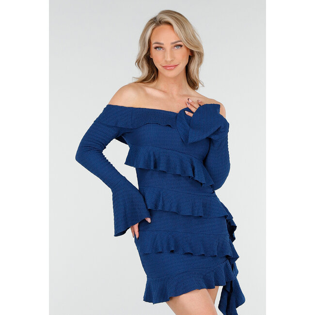 Petrolfarbenes schulterfreies Kleid mit Volants und langen Ärmeln