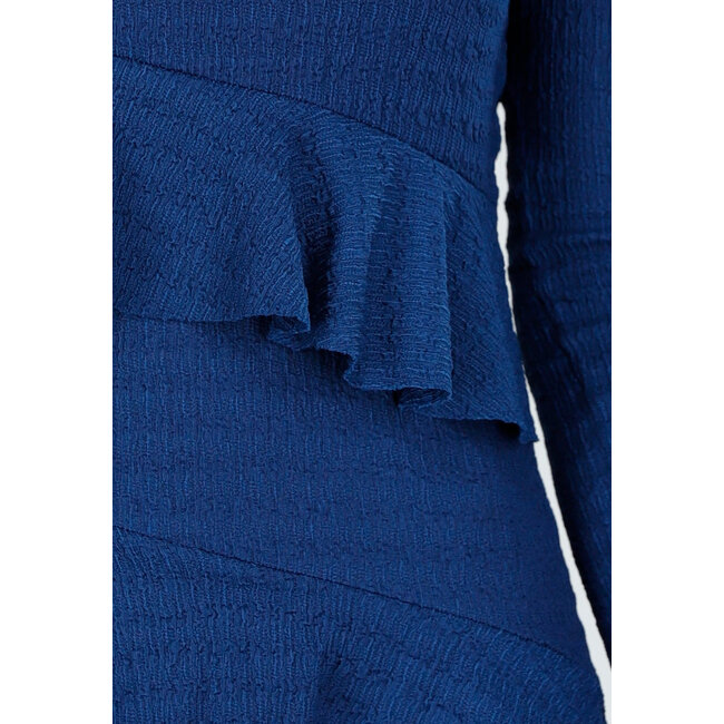 Petrolfarbenes schulterfreies Kleid mit Volants und langen Ärmeln