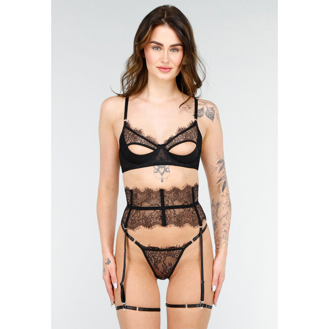 Schwarzes Spitzen-Dessous-Set mit Korsett und Strapsen