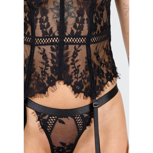 Schwarzes Spitzenbustier mit Strapsen und Stickerei