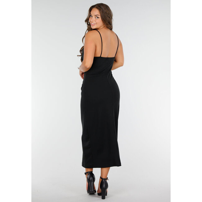 Schwarzes Stretch-Kleid mit Spaghetti-Trägern und Wasserfall-Ausschnitt