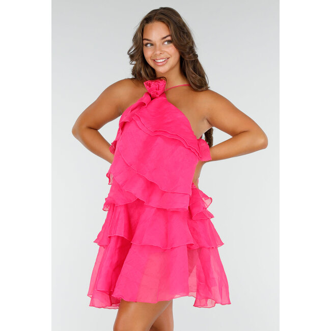 Rosa Rüschenkleid mit Spaghetti-Trägern und
