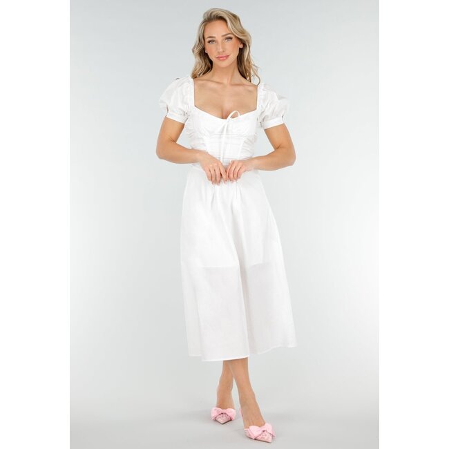 Weißes Midikleid mit Puffärmeln, Schnürung und Schleifenband