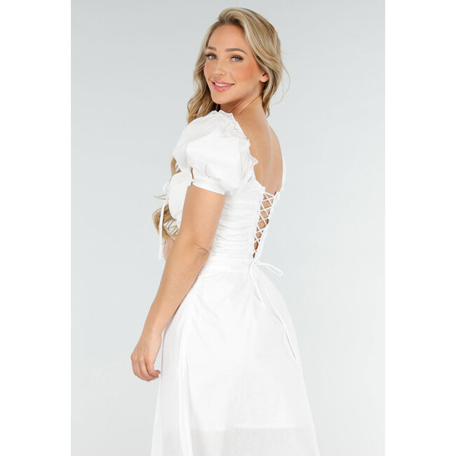 Weißes Midikleid mit Puffärmeln, Schnürung und Schleifenband