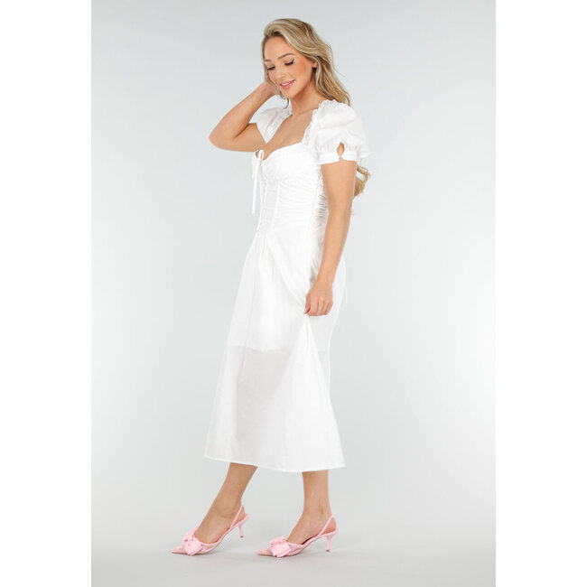 Weißes Midikleid mit Puffärmeln, Schnürung und Schleifenband