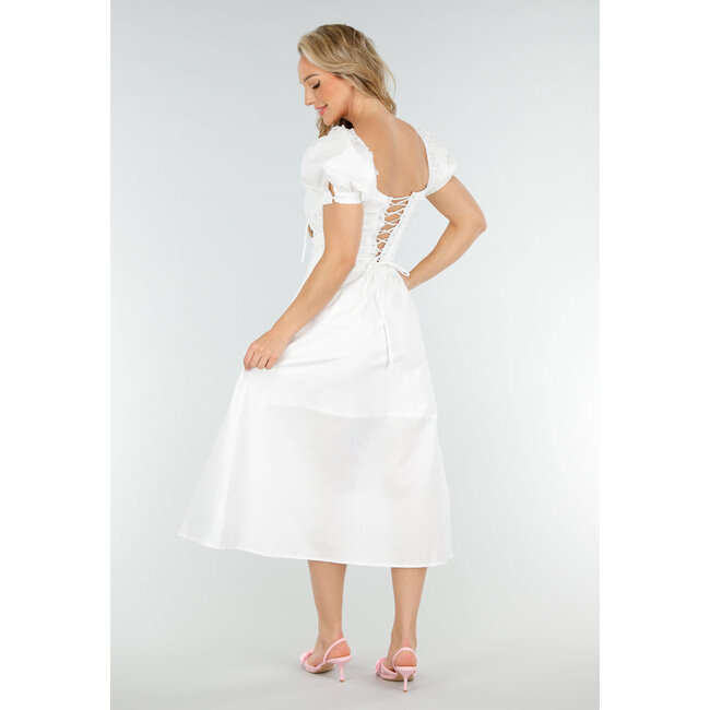 Weißes Midikleid mit Puffärmeln, Schnürung und Schleifenband
