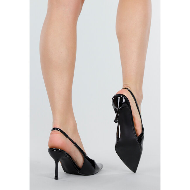 Schwarze Lack-Slingback-Pumps mit spitzer Nase und hohem Absatz