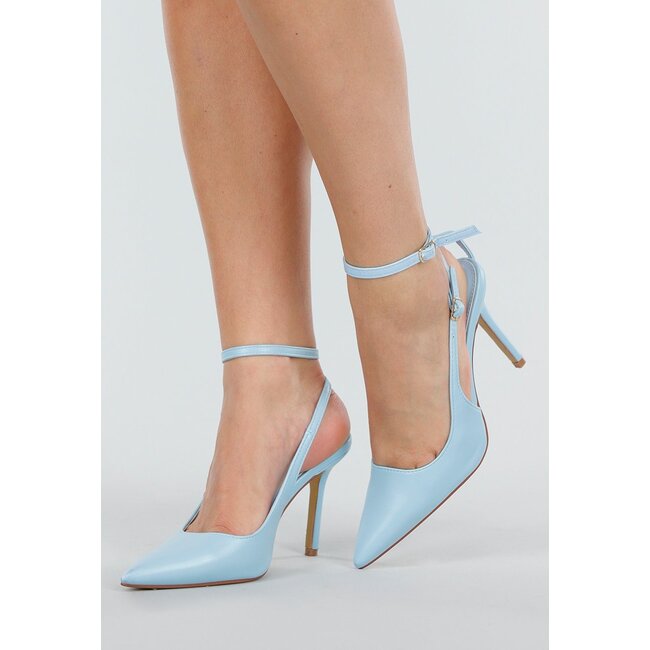 Pastellblaue Pumps mit Knöchelriemen und spitzer Nase mit hohem Absatz