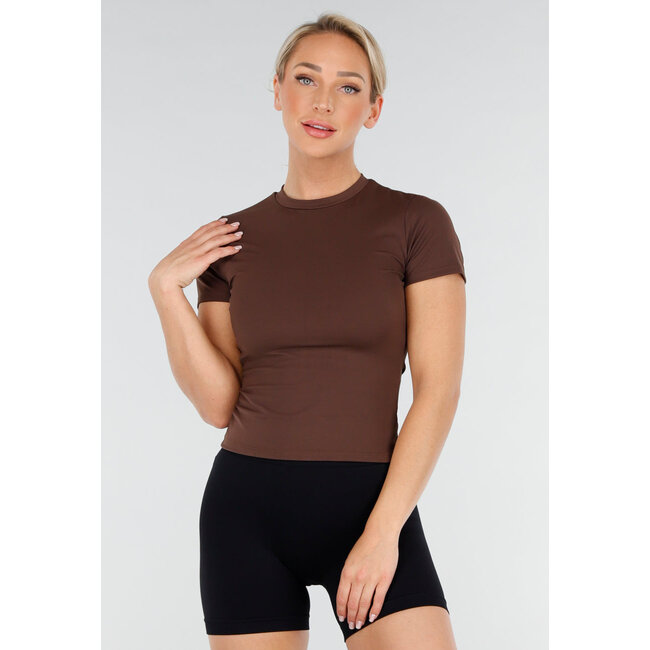 Braunes Sport-Top mit Rundhalsausschnitt, kurzen Ärmeln und Stretch