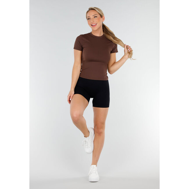 Braunes Sport-Top mit Rundhalsausschnitt, kurzen Ärmeln und Stretch