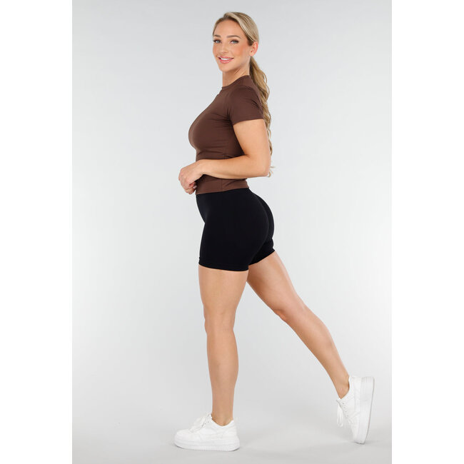 Braunes Sport-Top mit Rundhalsausschnitt, kurzen Ärmeln und Stretch