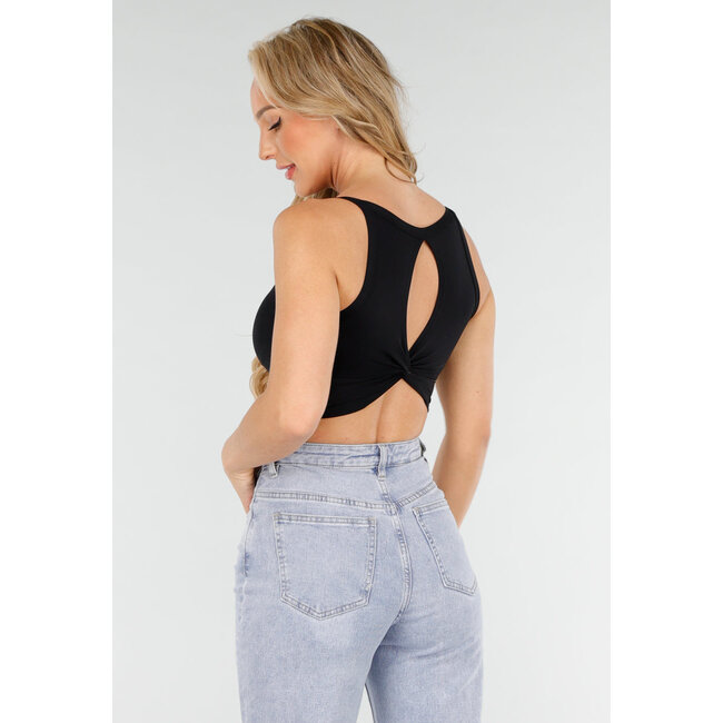 Schwarzes Crop Top mit offenem Twist Back und breiten Trägern