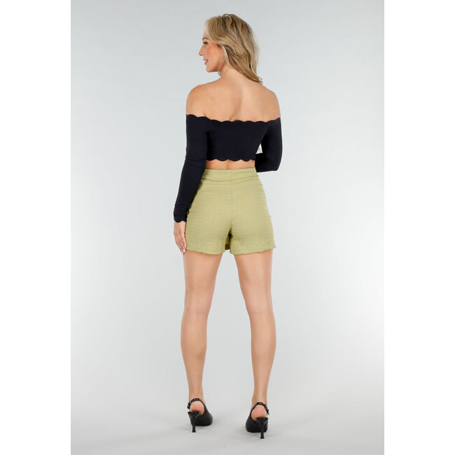 Schwarzes schulterfreies Crop-Top mit langen Ärmeln und Pads