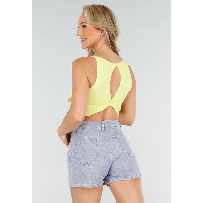 Buttergelbes Crop-Top mit offenem Twist-Rücken und breiten Trägern