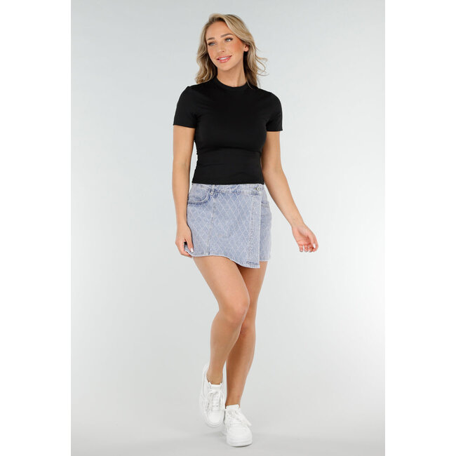 Schwarzes Sport-Top mit Rundhalsausschnitt, kurzen Ärmeln und Stretch