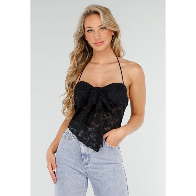 Schwarzes Spitzen-Stretch-Träger-Top mit Schleifen-Verschluss und transparentem Stoff