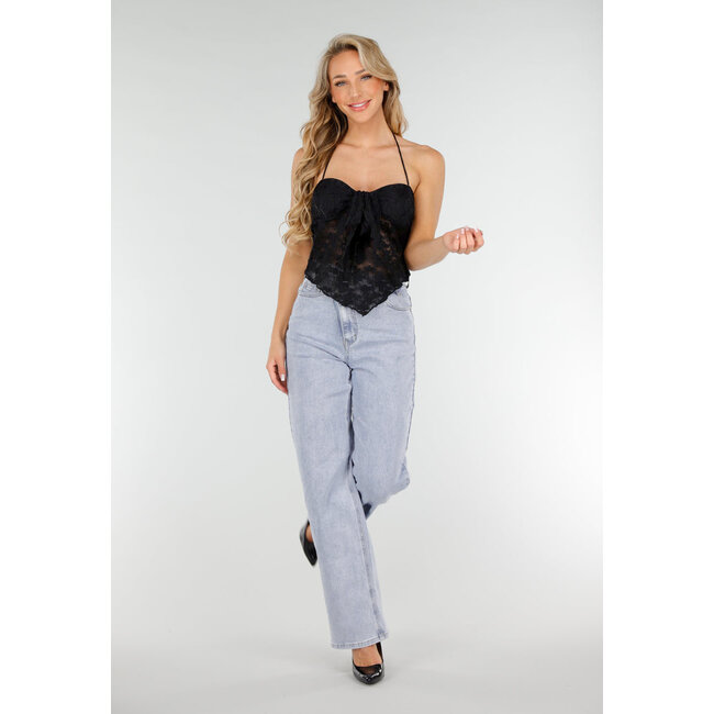 Schwarzes Spitzen-Stretch-Träger-Top mit Schleifen-Verschluss und transparentem Stoff