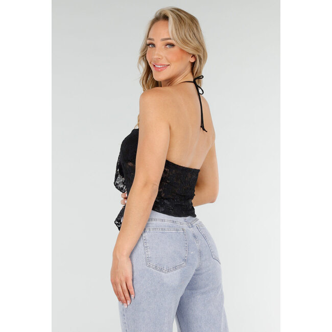 Schwarzes Spitzen-Stretch-Träger-Top mit Schleifen-Verschluss und transparentem Stoff