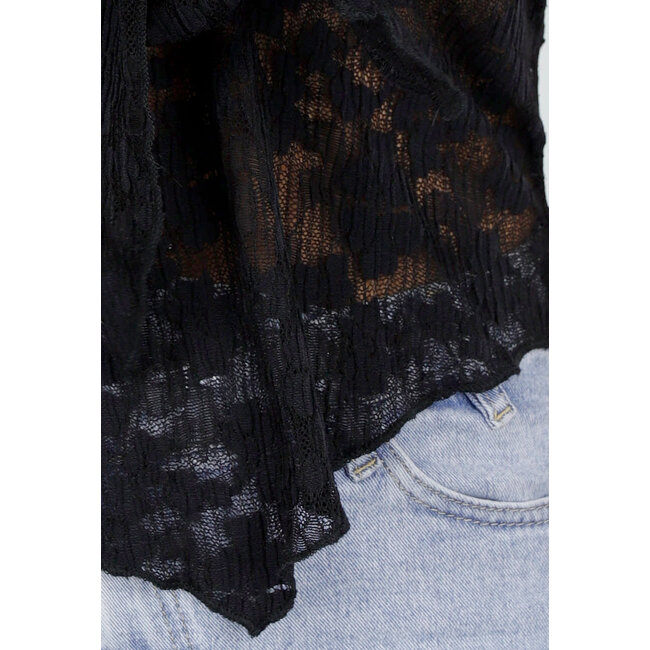 Schwarzes Spitzen-Stretch-Träger-Top mit Schleifen-Verschluss und transparentem Stoff