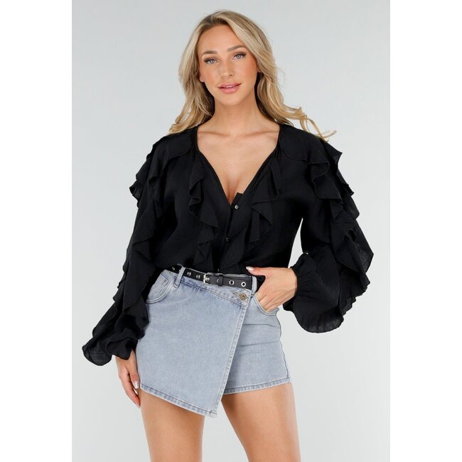 Schwarze langärmelige Bluse mit Rüschen