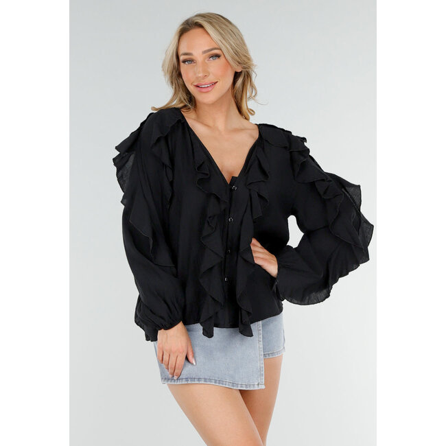 Schwarze langärmelige Bluse mit Rüschen
