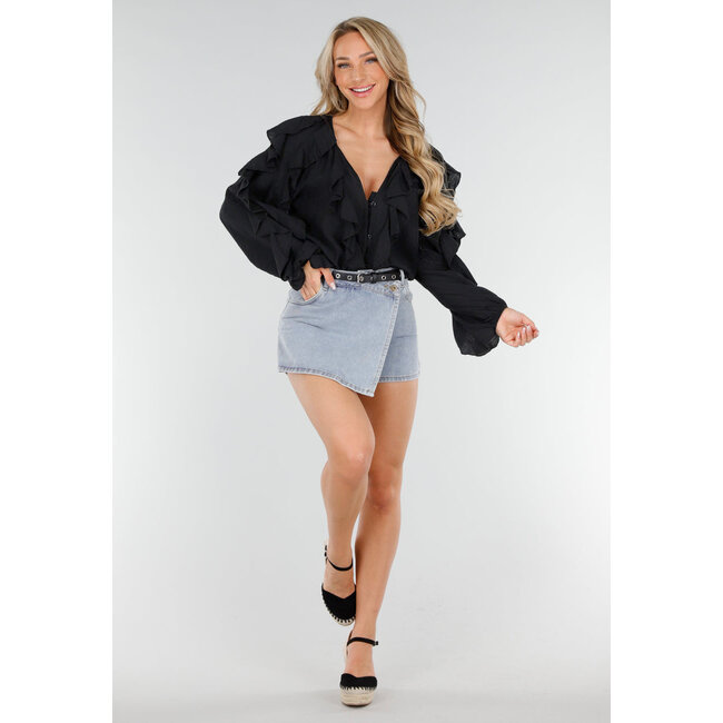 Schwarze langärmelige Bluse mit Rüschen