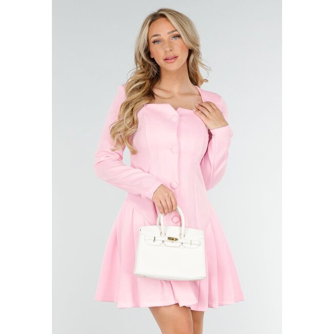 Hellrosa Stretchkleid mit Knöpfen, quadratischem Ausschnitt und Falten