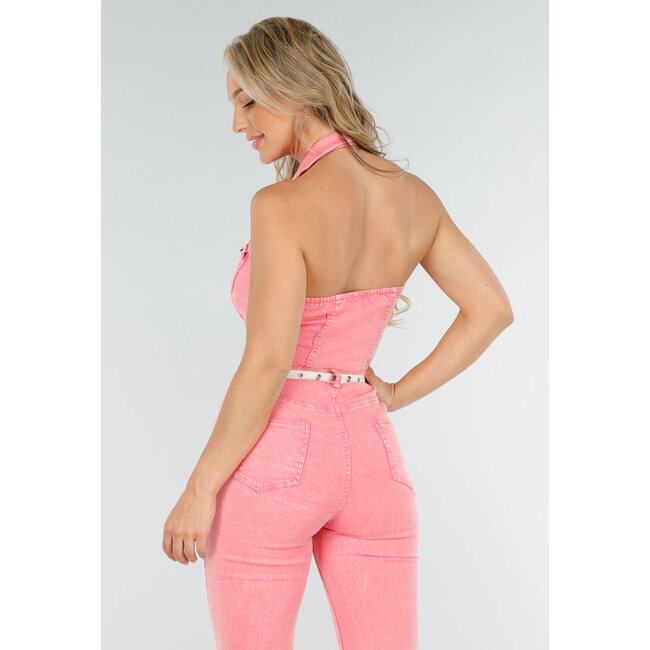 Rosafarbener Denim-Halter-Overall mit Knopfverschluss