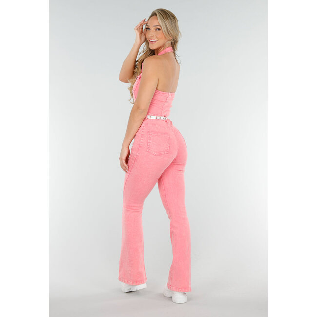 Rosafarbener Denim-Halter-Overall mit Knopfverschluss