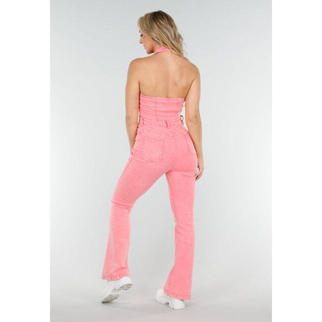 Rosafarbener Denim-Halter-Overall mit Knopfverschluss