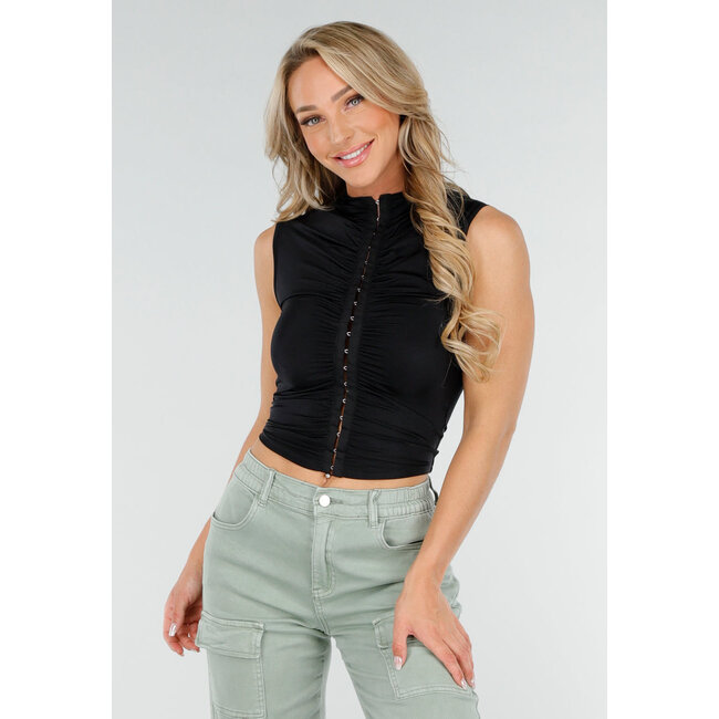 Schwarzes ärmelloses Crop Top mit Hakenverschluss und Stretch