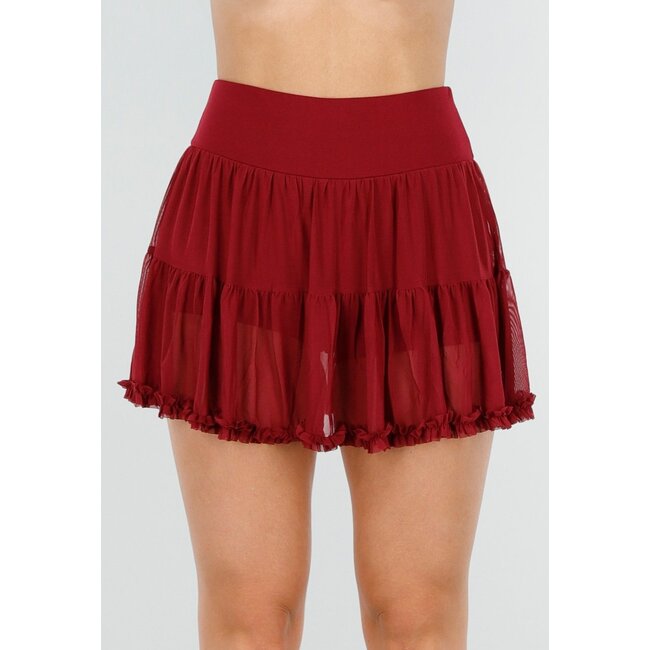 Burgunderfarbener Mesh-Skort mit kurzer, elastischer und geraffter Kante