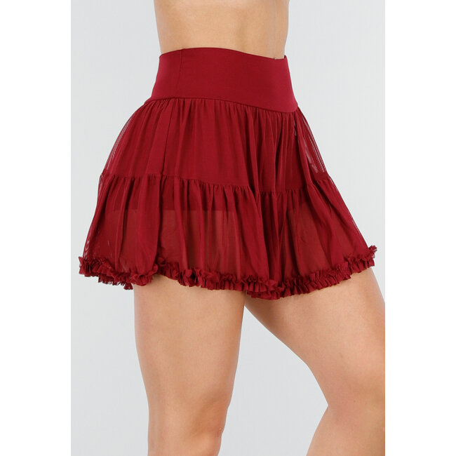 Burgunderfarbener Mesh-Skort mit kurzer, elastischer und geraffter Kante