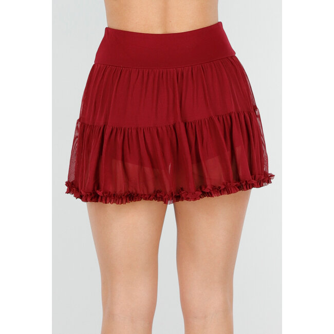 Burgunderfarbener Mesh-Skort mit kurzer, elastischer und geraffter Kante