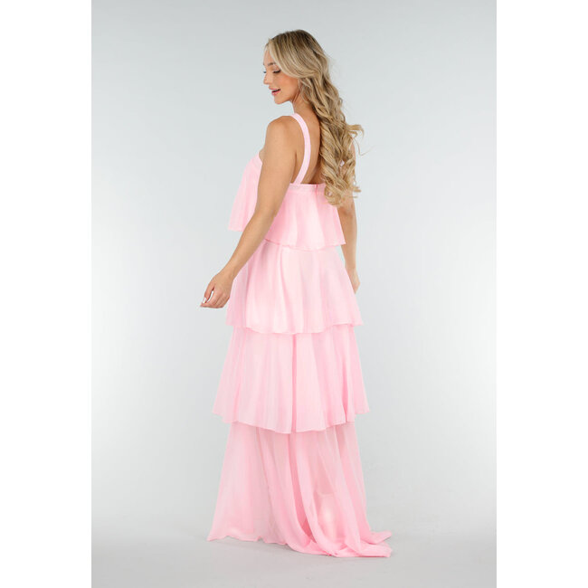 Hellrosa Langes Kleid mit Rüschen und Blumendetail am Ausschnitt