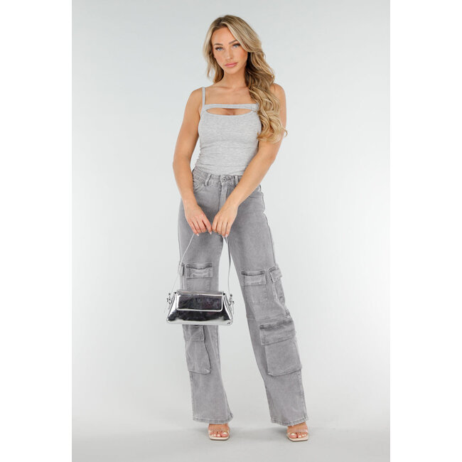 Graues Cut-Out-Top mit Spaghetti-Trägern und Stretch