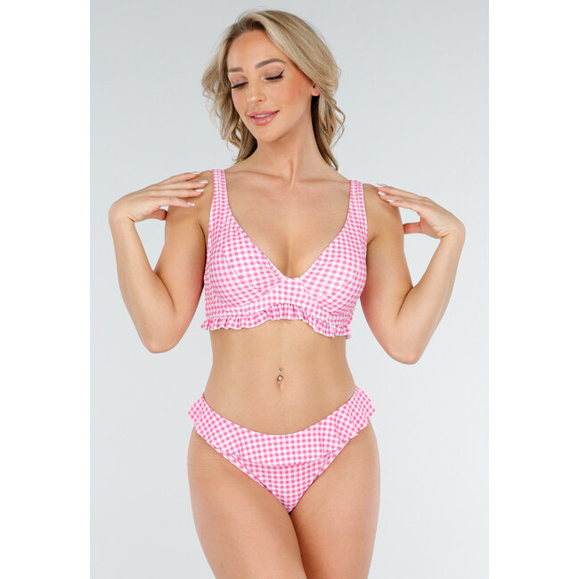 Rosa kariertes Bügel-Bikinioberteil mit Volants